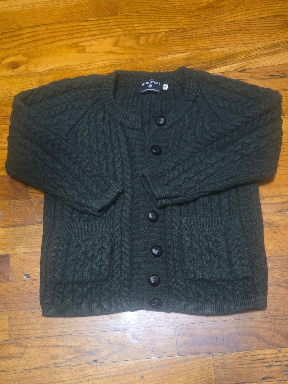 The Irish Store Women's Aran Cable Knit Cardigan Sweater Green S Merino Wool